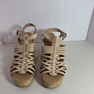 Rampage Women’s Nude Tan Strappy Wedge Sandal Size 8.5 Cork Espadrille Style”